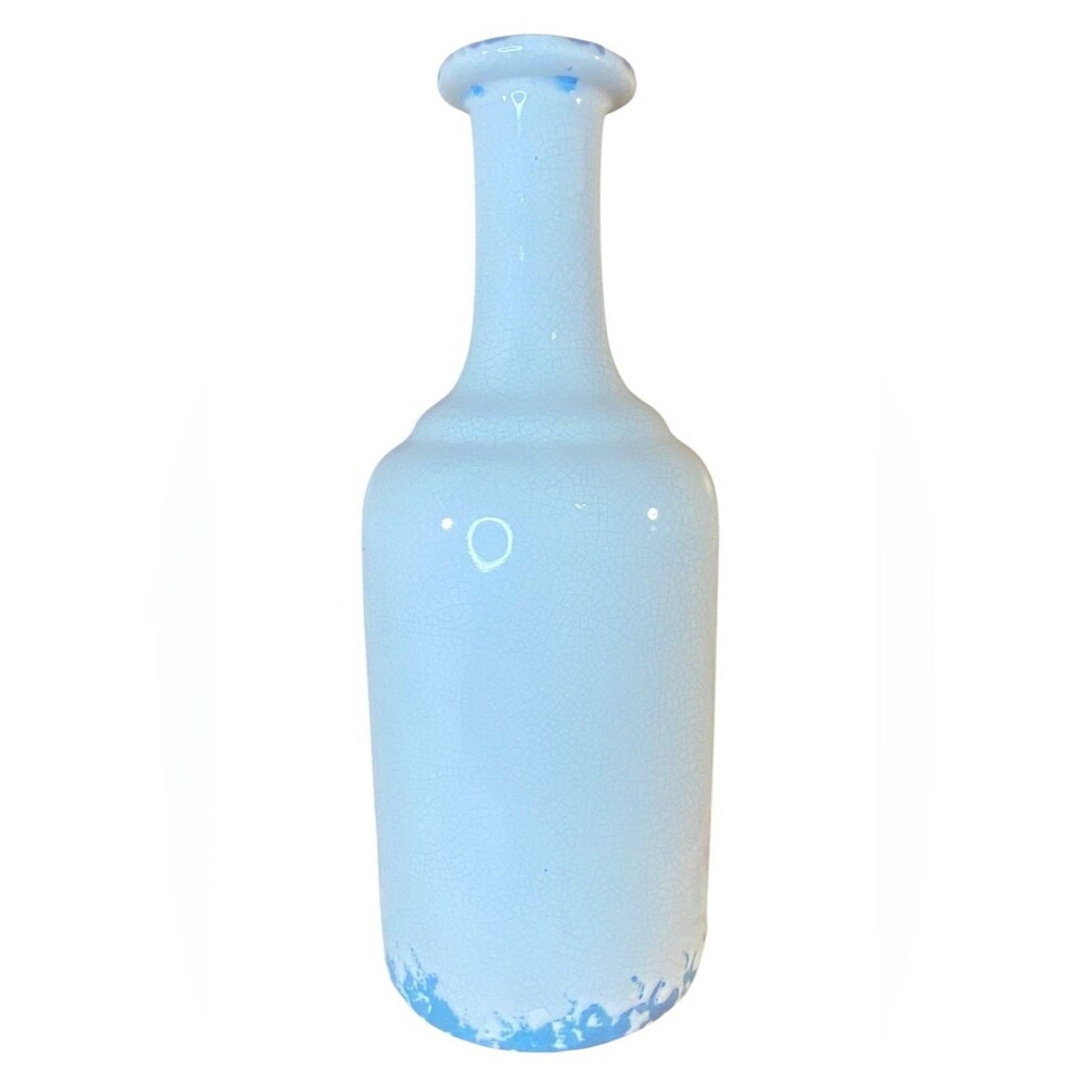 Ceramic Bottle Vase Tall Pale Blue White Rustic Decor Crackle Finish Home Decor